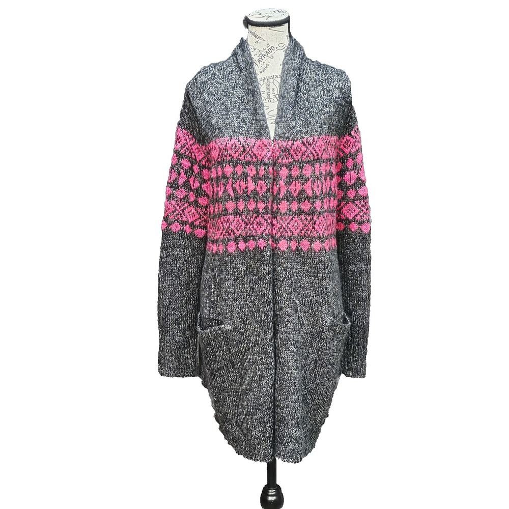 Eddie Bauer Cardigan Sweater Women L Duster Wool Blend Fair Isle Nordic Heritage